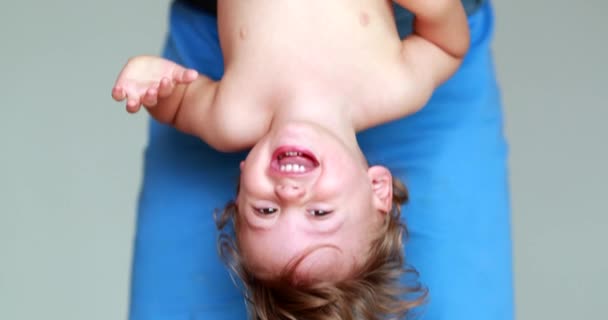 Baby Laughing Smiling Upside Parent Holding Son Legs Upside Real — Video Stock