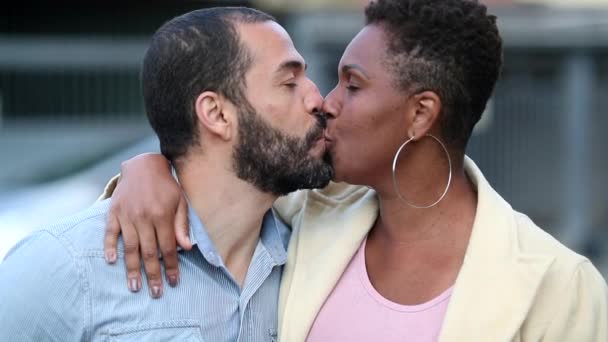 Mixed Race Couple Kissing Eath Other Smiling Camera — Stock video