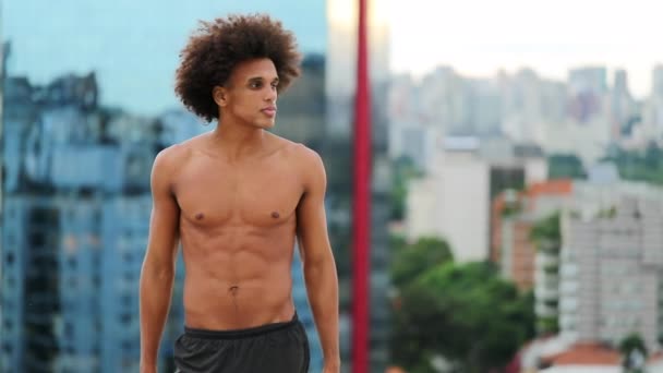 Shirtless Lean Young Black Man Urban Landscape — Video Stock