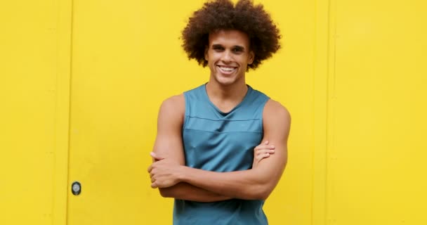 Confident Handsome Young African American Black Man Smiling Yellow Background — Wideo stockowe