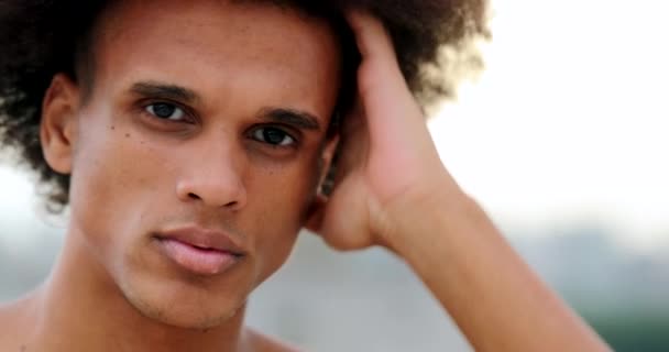 Handsome Mixed Race Young Man Posing Camera Playing Afro Hair — Video Stock