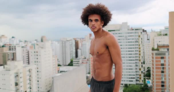 Mixed Race African Handsome Man Standing Shirtless — Vídeo de stock