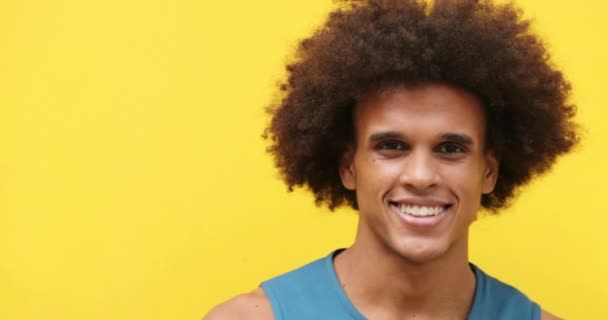 African American Mixed Race Young Man Smiling Yellow Background — Vídeos de Stock