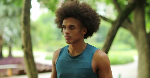 Young Black Handsome African Man Walking Park Pathway — Vídeo de Stock