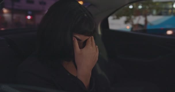 Upset Young Woman Covering Face Shame While Riding Taxi Cab — Stock Video