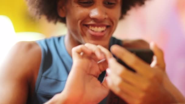 Young Black Guy Holding Cellphone Checking Content — Stock videók