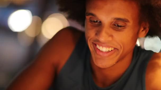 Young Black Man Holding Cellphone Device Night City — Vídeos de Stock