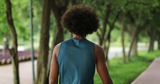 Back African Black Man Walking Nature Pathway Park — Stockvideo