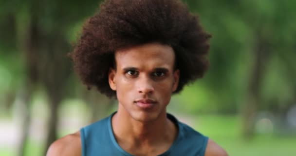 Портрет Красивого Молодого Чернокожего Африканца Идущего Вперед Парку — стоковое видео