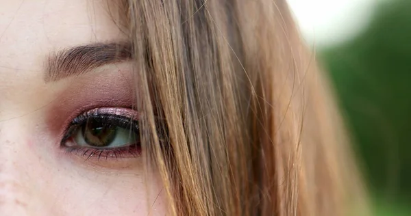 Pensive Meditative Girl Opening Closing Eye Thinking Macro Closeup Young — Stock Photo, Image