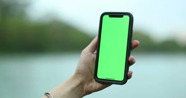 Female hand holding cellphone with green screen. Girl using mobile phone. Chroma key, close up woman hand holding phone with vertical green screen