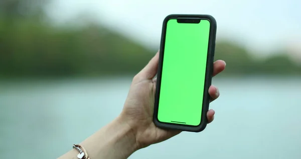 Female hand holding cellphone with green screen. Girl using mobile phone. Chroma key, close up woman hand holding phone with vertical green screen