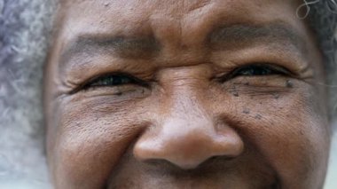 A Senior older woman in 80s looking at camera smiling macro closeup