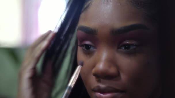 One African Girl Applying Make Front Mirror Preparing — Stock Video
