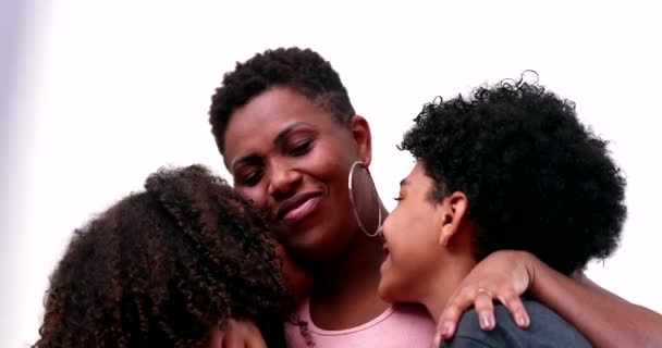 African Mother Embracing Son Daughter Mixed Race Mom Hugging Children — Stockvideo