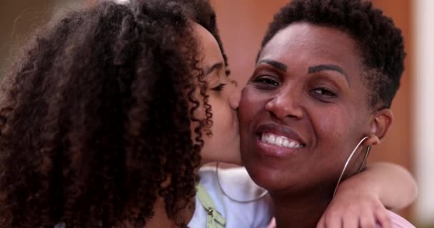 African Mother Daughter Together Little Girl Child Kissing Mom Cheek — Stock video
