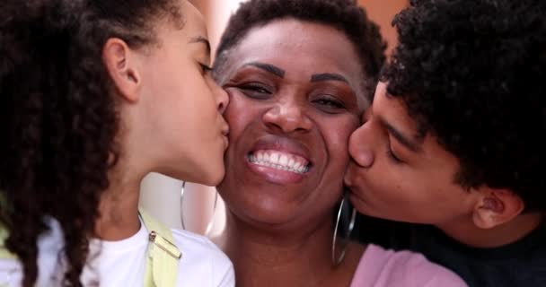 Children Kissing Mother Close Daughter Son Kiss African Mom — Stock video
