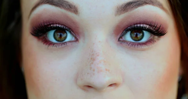 Pretty Girl Closeup Macro Eyes Opening Young Woman Face — Stock Photo, Image