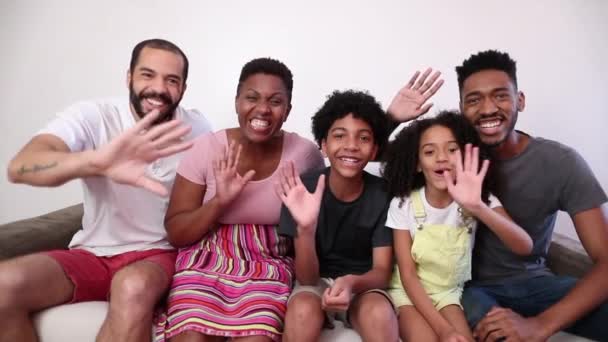 Family Talking Conference Camera Happy Joyful Hispanic Mixed Race Parents — Stock video