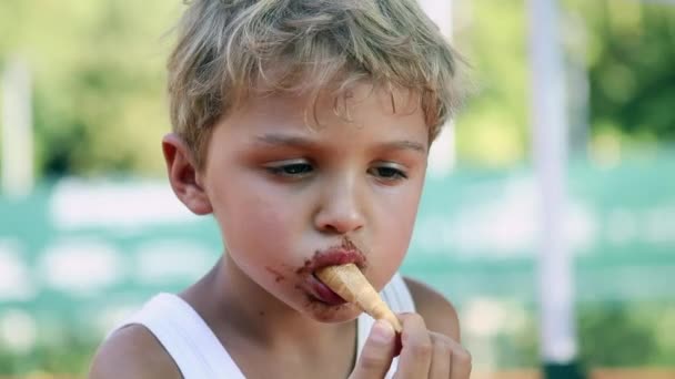 Kid Eats Ice Cream Young Boy Child Eating Icecream Dessert — Wideo stockowe