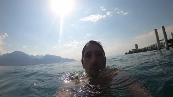 Man Swimming Lake Suring Summer — Video