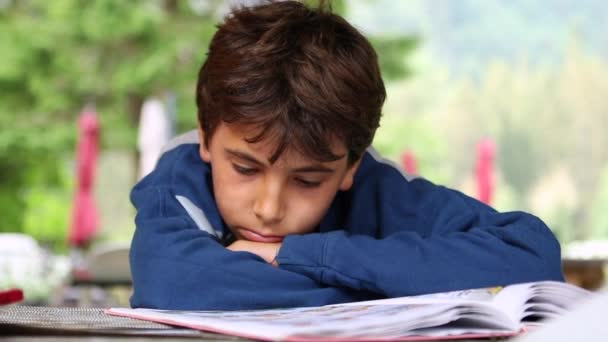 Preteen Boy Reading Book Child Reads Story — стоковое видео