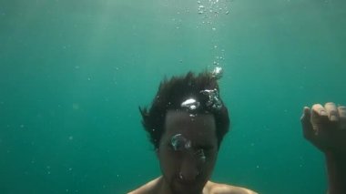 Man underwater face portrait eyes closed submerged