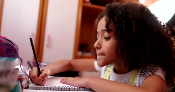 Cute Little School Gir Writing Notes Doing Homework — Stock video