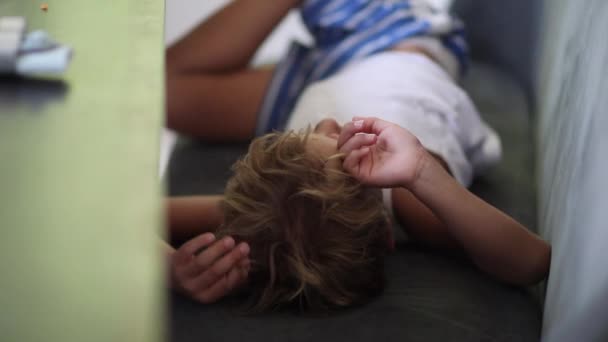 Bored Little Boy Home Quarantine Lockdown Child Feeling Bore — Vídeo de Stock