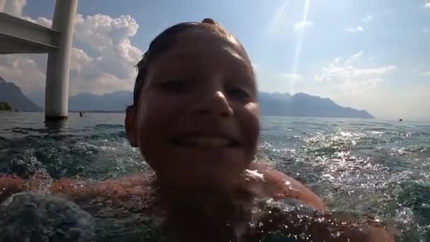 Boy Swimming River Water Summer Vacations Slow Motion — Stockvideo
