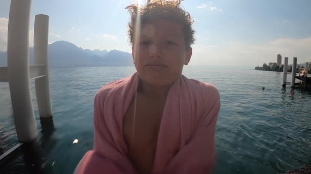 Handsome Child Standing Lake Towel Drying Body Sunlight — Stock videók