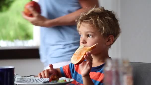 Child Morning Table Eating Breakfast Eating Bread — Video