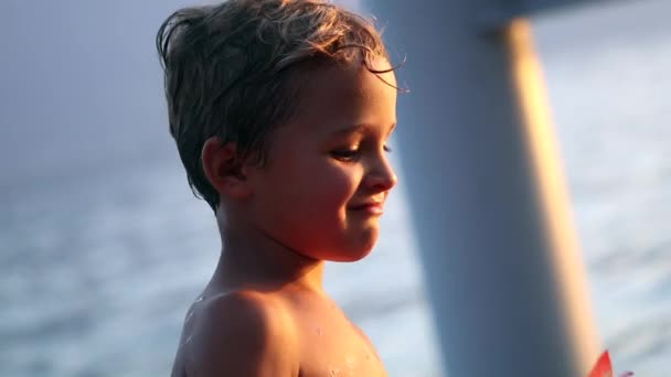 Щаслива Дитина Вулиці Після Плавання Озері — стокове відео