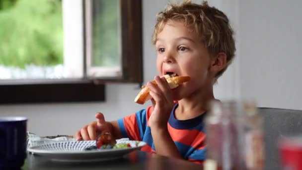 Little Boy Taking Bite Bread Jelly Morning Breakfast Table — Stock video
