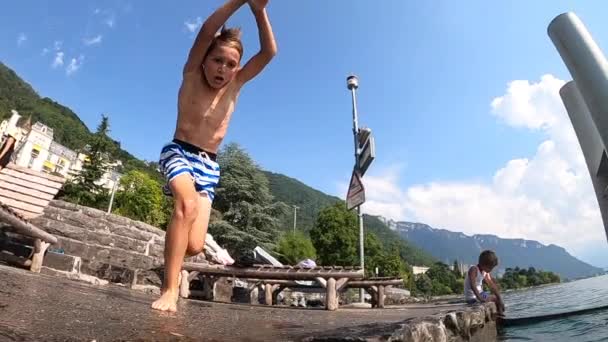 Boy Dives Lake Water Child Diving Slow Motion 240Fps Fresh — Wideo stockowe