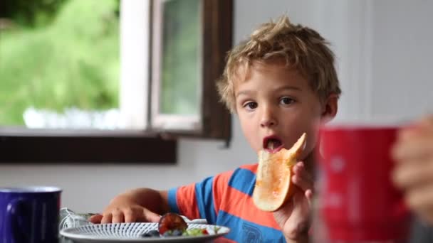 Candid Little Boy Morning Breakfast Table Eating Bread Jelly — Stockvideo