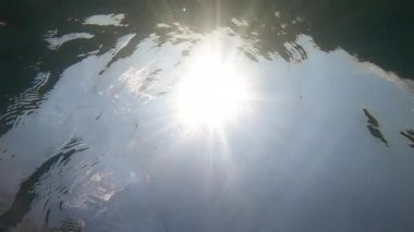 Sunlight flare shining through under water lake, clear water surface