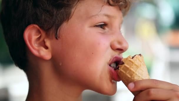 Young Boy Eats Dessert Chocolate Ice Cream Child Eating Ice — Wideo stockowe