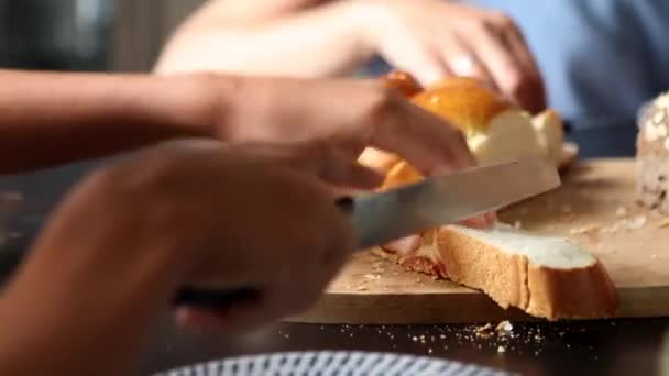 Hands Slicing Bread Brioche Close — Stok video
