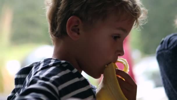 Child Eating Banana Candid Toddler Boy Eats Healthy Snack — Wideo stockowe