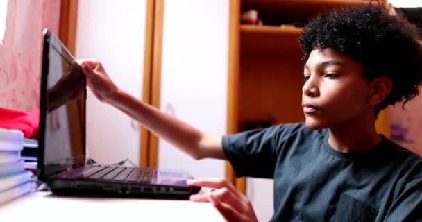 Mixed Race Child Opening Laptop Screen Preparing Online Class Homework — Stock video