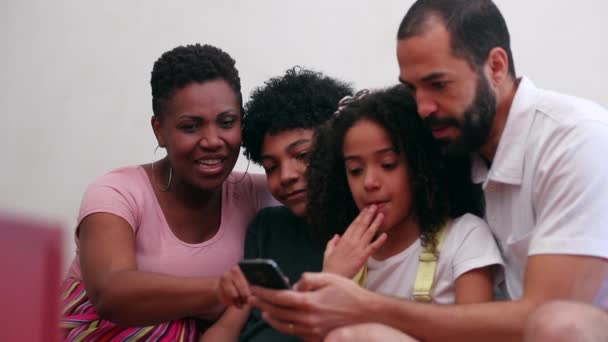 Mixed Race Family Looking Cellphone Device Together Ethnically Diverse Parents — Video Stock