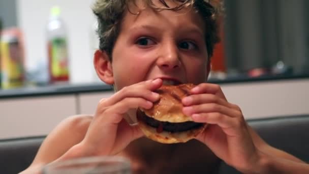 Child Taking Bite Burger Kid Eating Hamburger — Stok Video