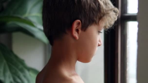 Child Looking Window Preteen Boy Standing Next Home Window Looking — Stock Video