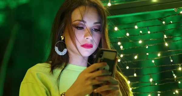 Pretty Millennial Hispanic Girl Using Cellphone Night City Woman Checking — Stock Photo, Image