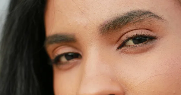 African woman opening eyes, macro closeup of young black girl eyes