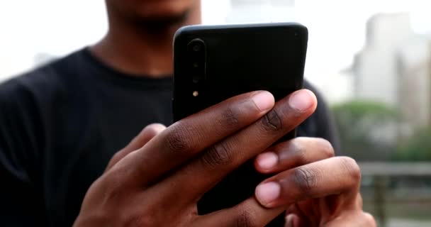Mixed Race Man Using Smartphone Street African Black Guy Holding — Vídeo de stock
