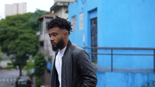 Pensive Young Black Man Walking Urban Street Thoughtful African Person — Video