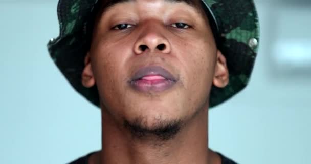 Portrait Millennial Black Man Face Close — Stockvideo