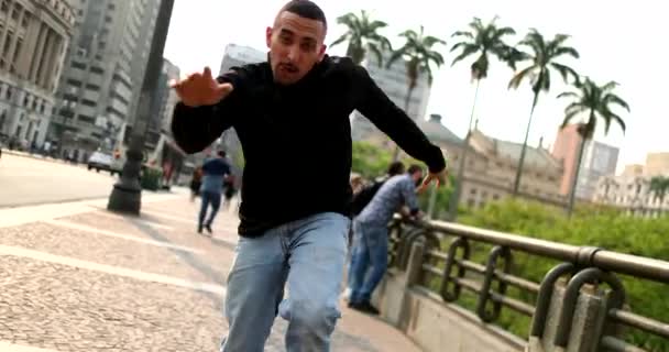 Happy Hispanic Man Dancing Celebrating Downtown City — Video Stock